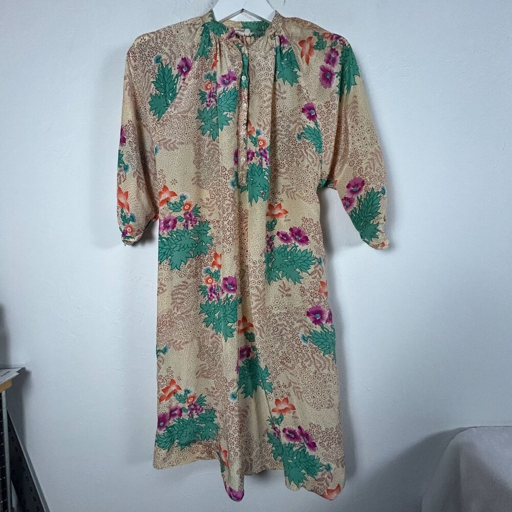 Vintage Harbinger Womens Floral Print Shirt Dress Medium Beige Rayon Pockets